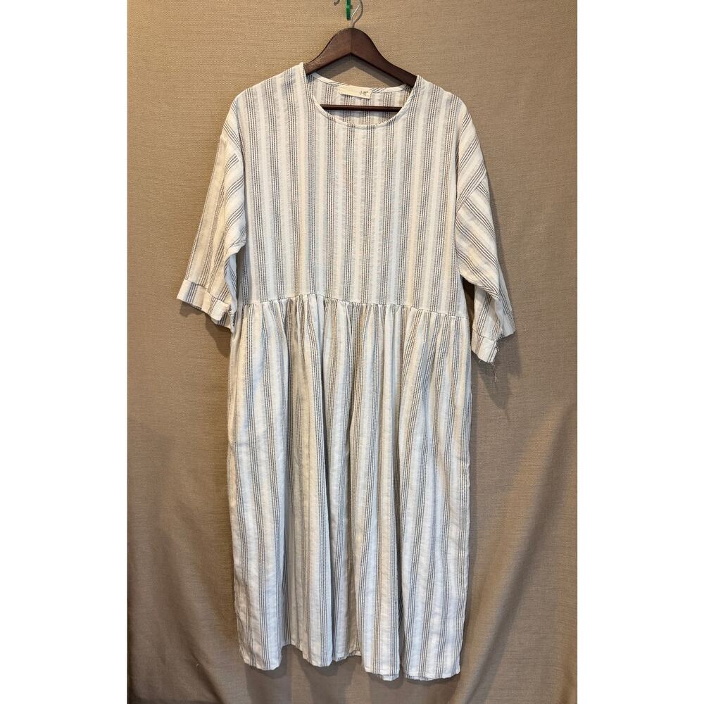 Lagenlook Gauze Dress Raw Edge Sleeve Boho Stripe Relaxed Fit